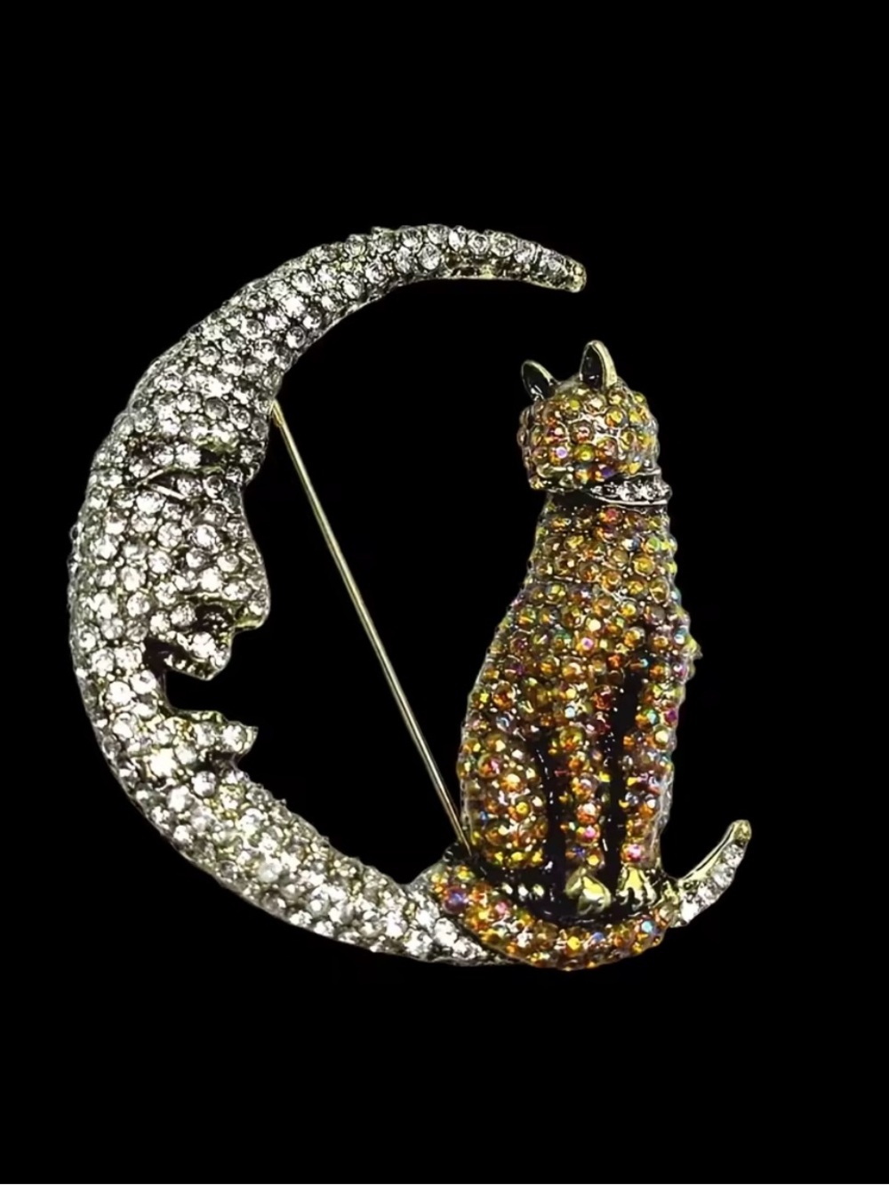 Crystal Cat on Crescent Moon Brooch - Multicolor